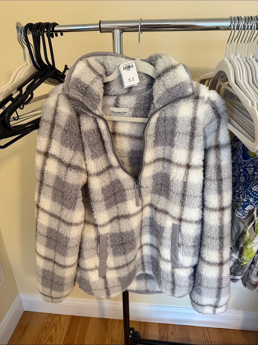 Abercrombie & Fitch Gray and White Plush Plaid Half-Zip Sweater